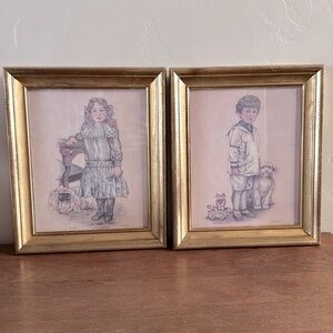 Vintage Gold Framed Victorian Boy Girl Dog Prints Robert Gentry Lithograph Print